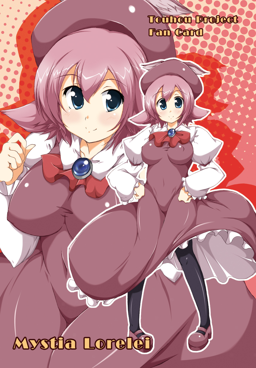 animal_ears black_legwear blue_eyes breasts brooch covered_nipples dress hat highres impossible_clothes impossible_dress jewelry kanatsu large_breasts mystia_lorelei no_wings pantyhose pink_hair ribbon shirt short_hair smile taut_clothes taut_shirt touhou