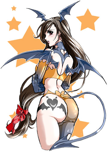 ass bad_id bad_pixiv_id bow brown_eyes brown_hair cosplay earrings final_fantasy final_fantasy_vii from_behind gloves hair_bow halloween head_wings jewelry lipstick long_hair looking_back low-tied_long_hair makeup profile solo star tail tail_through_clothes tattoo tifa_lockhart very_long_hair wings yonesuke