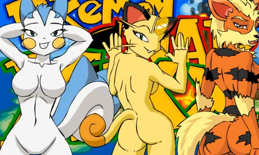 anthro arcanine arms_behind_head back back_turned black_nose breasts butt canine fangs female frontal_view green_eyes group looking_at_viewer looking_back mammal meowth nintendo nude orange_body orange_eyes pachirisu pikanjo pok&#233;mon pok&#233;morph pok&eacute;mon pok&eacute;morph rodent squirrel standing stripes teeth video_games white_body yellow_body