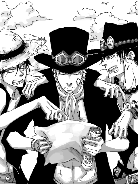 3boys abs argue brothers cravat freckles goggles goggles_on_head hat jacket jewelry male male_focus map monkey_d_luffy monochrome multiple_boys necklace one_piece open_clothes open_jacket pixiv_manga_sample portgas_d_ace sabo_(one_piece) sad_face scar siblings smiley_face stampede_string straw_hat time_paradox top_hat topless vessel vesssssel vest