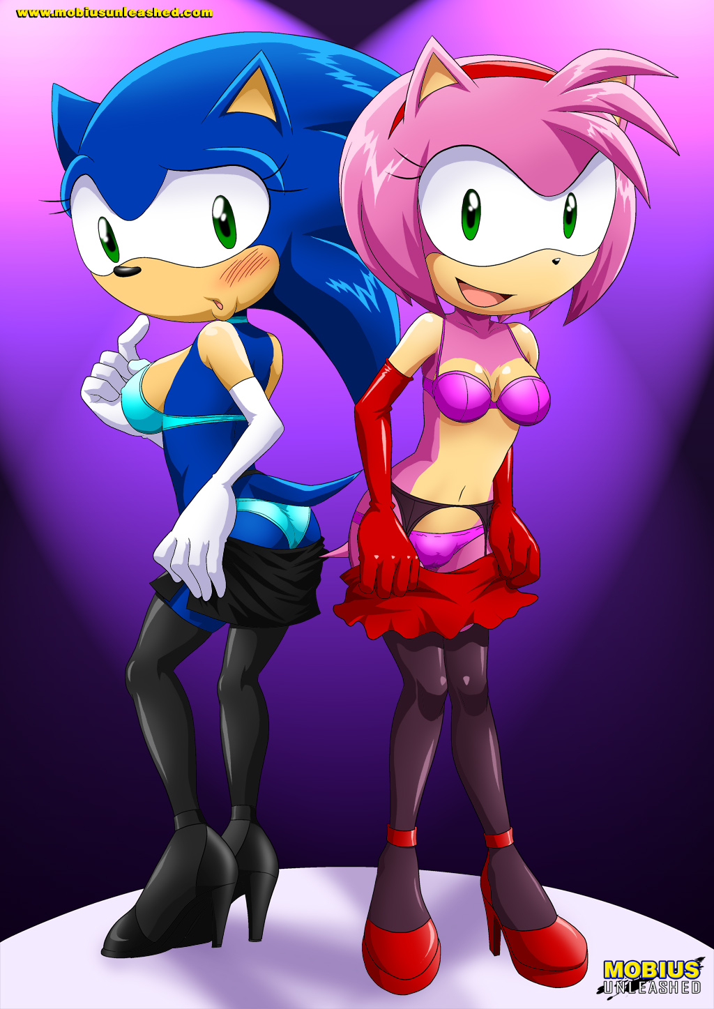 bbmbbf blush bra breasts clothing comic crossgender female hedgehog leggings legwear mammal mobius_unleashed palcomix panties sega skirt sonic_(series) sonic_the_hedgehog underwear