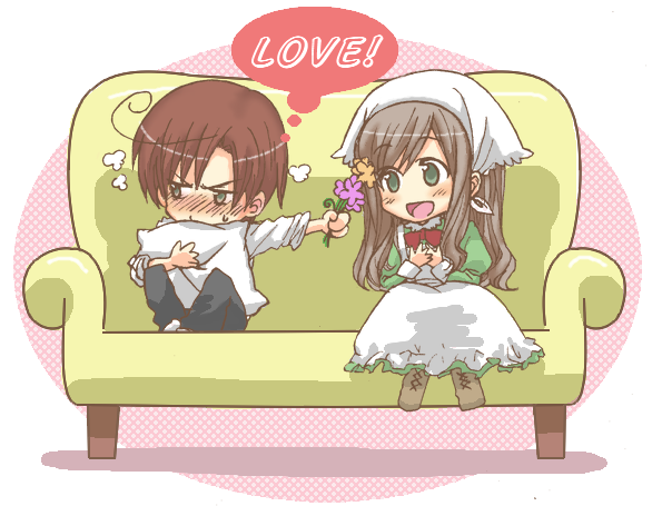 1boy 1girl ahoge apron artist_request axis_powers_hetalia blush boots brown_hair couch couple cross-laced_footwear dress eyebrows_visible_through_hair flower green_dress green_eyes happy hungary_(hetalia) lace-up_boots long_hair no_shoes on_couch pants pillow pillow_hug shirt short_hair shy simple_background sitting southern_italy_(hetalia) sweatdrop thought_bubble white_apron white_shirt