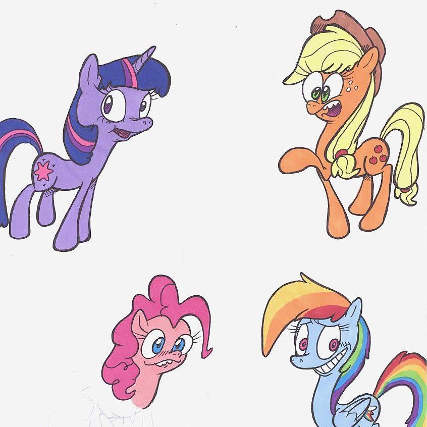 applejack_(mlp) blakej blonde_hair blue_eyes creative cutie_mark equine female feral friendship_is_magic fur green_eyes hair horn horse humor mammal multi-colored_hair my_little_pony open_mouth orange_fur pegasus pink_fur pink_hair pinkie_pie_(mlp) plain_background pony purple_eyes purple_fur rainbow_dash_(mlp) rainbow_hair raised_tail smile traditional traditional_media twilight_sparkle_(mlp) two_tone_hair unicorn what what_has_science_done white_background wings