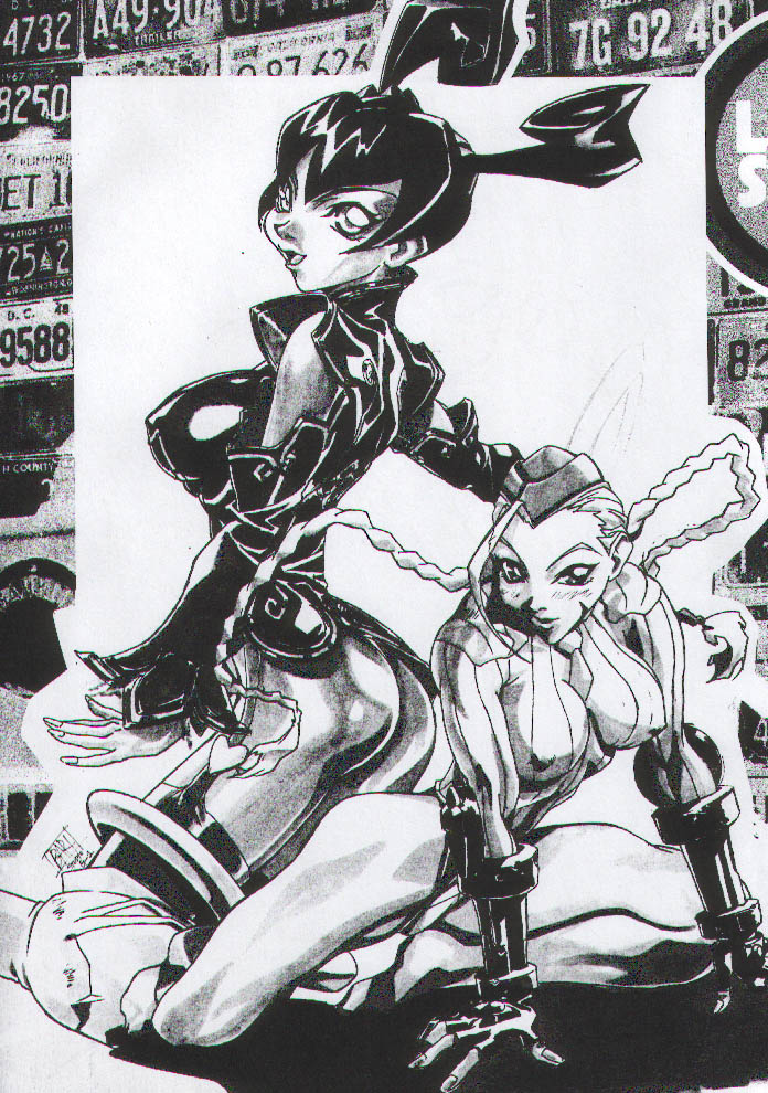 2girls 90s cammy_white capcom chinese_clothes erect_nipples june_lin_milliam leotard monochrome multiple_girls oobari_masami sketch star_gladiator street_fighter studio_g1 twintails