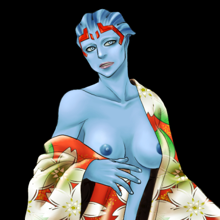 1girl alien areola_slip areolae asari black_background blue_eyes blue_skin breasts collarbone erect_nipples head_ornament headgear japanese_clothes large_breasts lowres mass_effect nipples off_shoulder pixiv_thumbnail samara_(mass_effect) solo undressing