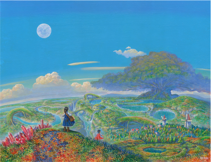 1boy 1girl acrylic_paint_(medium) bag black_hair blue_dress blue_sky bridge brown_footwear cape cloud commentary_request crystal day dress facing_away fantasy fisheye flower from_behind full_moon giant_tree handbag hill horizon lake moon original outdoors pinafore_dress ponytail red_cape river scenery shiraishi_takashi shirt short_hair signature sky standing traditional_media white_shirt wide_shot windmill