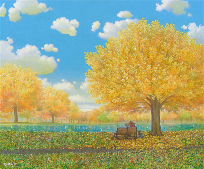 1other acrylic_paint_(medium) ambiguous_gender autumn autumn_leaves bench blue_sky cloud commentary_request day dog facing_away flower forest from_behind grass hat lake nature newspaper original outdoors reading red_hat scenery shiraishi_takashi signature sky traditional_media tree walkway wide_shot