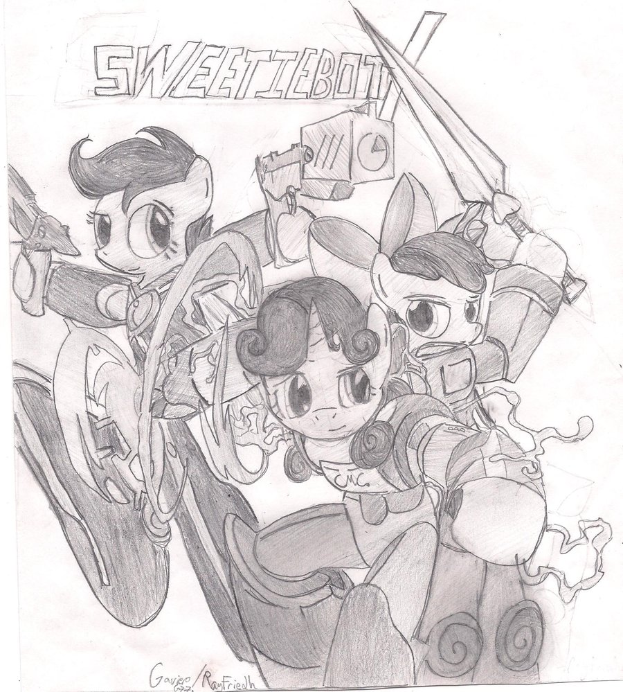 anthro anthrofied apple_bloom_(mlp) armor bigger_version_at_the_source crossover cutie_mark_crusaders_(mlp) equine female friendship_is_magic group gun horn horse mammal mega_man_(character) mega_man_(series) my_little_pony parody pony ranged_weapon rayfriedh scootaloo_(mlp) sweetie_belle_(mlp) sweetie_bot sword traditional traditional_media unicorn weapon