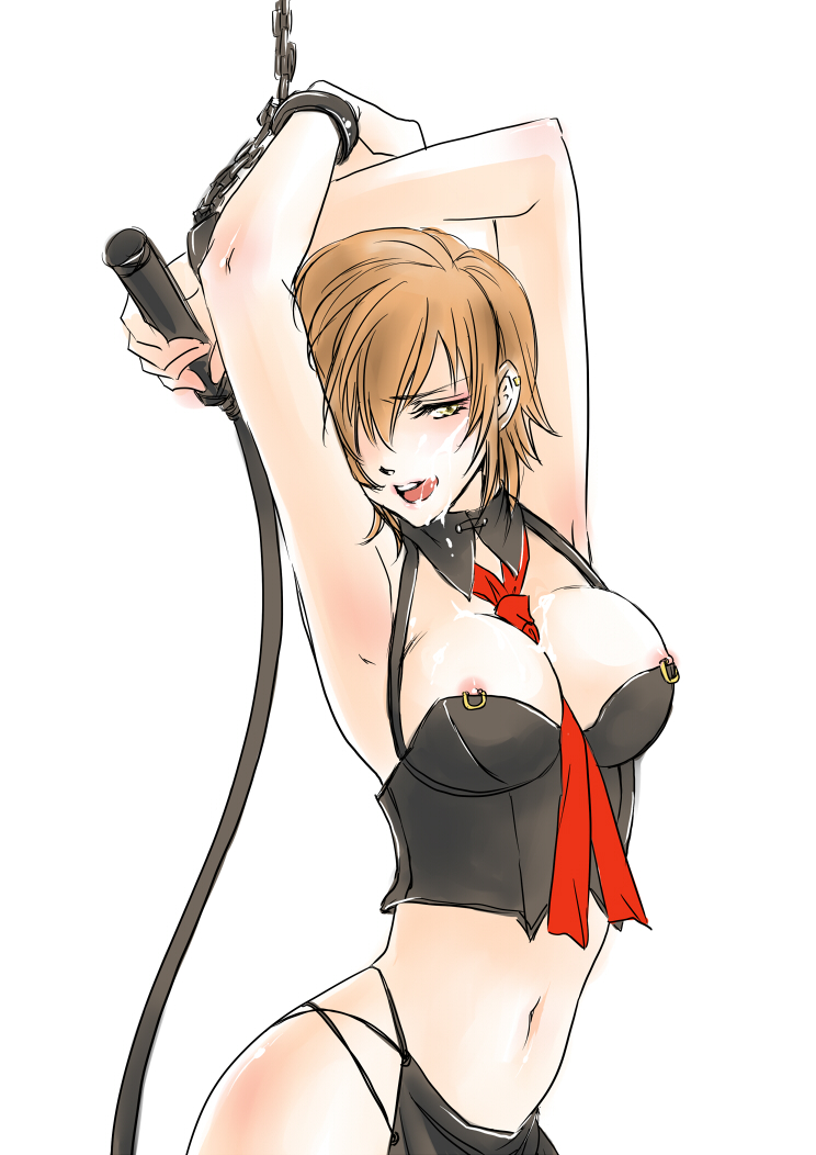 armpits arms_up b.m. bdsm blush bondage bound breasts brown_eyes brown_hair chains cuffs cum cum_on_body female licking_lips lip_licking looking_at_viewer meiko navel necktie nipple_piercing nipples piercing short_hair solo tongue_out vocaloid whip