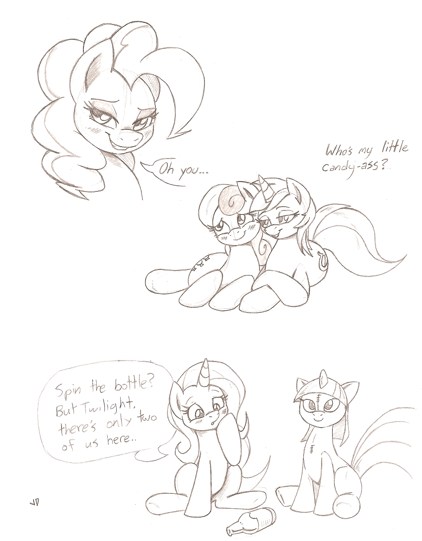 black_and_white blush bonbon_(mlp) bottle couple cutie_mark dialog english_text equine female feral friendship_is_magic group horn horse joey-darkmeat looking_at_viewer lyra_(mlp) lyra_heartstrings_(mlp) mammal monochrome my_little_pony oh_you pinkie_pie_(mlp) plain_background plushie pony spin_the_bottle text trixie_(mlp) twilight_sparkle_(mlp) unicorn white_background