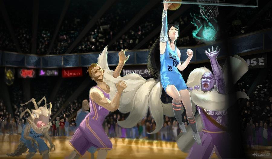 ahri animal_ears audience basketball black_hair breasts canine clothed clothing female fox game graves hair human jersey kog'maw league_of_legends long_hair male muscles nine_tailed_fox open_mouth orb random_black_guy ryze