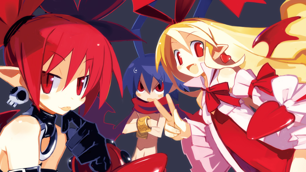 2girls :d black_wings blush bodysuit bow bowtie disgaea dress earrings etna evil_smile flonne flonne_(fallen_angel) hair_ribbon harada_takehito jewelry laharl leotard long_sleeves looking_at_viewer makai_senki_disgaea_3 multiple_girls official_art open_mouth pointy_ears red_bow red_dress red_eyes red_hair red_leotard red_neckwear ribbon skull_earrings smile tail tail_bow upper_body wings