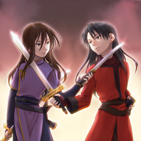 belt black_hair brown_hair changpao chinese_clothes cowboy_shot dual_persona dual_wielding earrings fingerless_gloves fire_emblem fire_emblem:_monshou_no_nazo fire_emblem:_shin_monshou_no_nazo gloves grin head_tilt holding holding_sword holding_weapon jewelry long_hair long_sleeves male_focus mexican_standoff nabarl reverse_grip saiha sash scabbard sheath short_over_long_sleeves short_sleeves short_sword smile straight_hair stud_earrings sword time_paradox unsheathed weapon