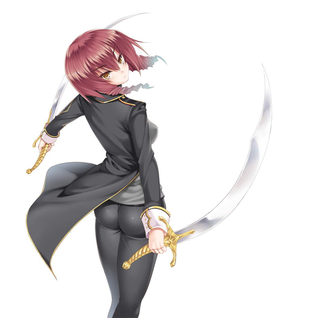 ass bad_id bad_pixiv_id breasts drill_hair dual_wielding holding kure_masahiro leticia_velazquez looking_at_viewer looking_back medium_breasts ochikobore_no_ryuugoroshi pants red_hair simple_background solo sword tight tight_pants weapon white_background