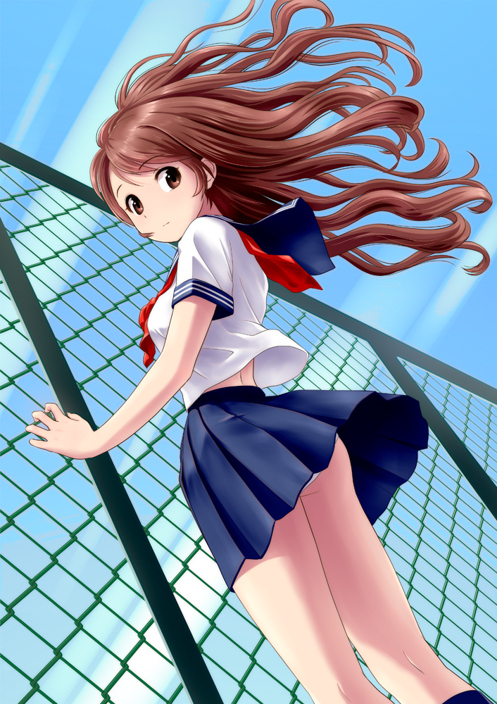 against_fence ass blush brown_eyes brown_hair chain-link_fence cloud day fence from_behind long_hair looking_back open_mouth original panties pleated_skirt ponnetsu school_uniform serafuku skirt sky solo underwear upskirt white_panties wind