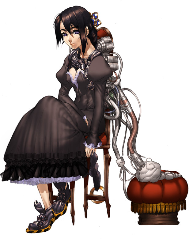 android bad_id bad_pixiv_id banned_artist black_dress brown_hair chair closed_mouth dress food full_body gown long_hair long_sleeves machine original puffy_long_sleeves puffy_sleeves purple_eyes shoes simple_background sitting sleeves_past_wrists smile solo sumiobunnya white_background