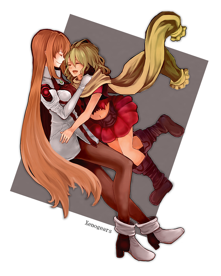 :d bad_id bad_pixiv_id boots closed_eyes copyright_name elhaym_van_houten emerada_(xenogears) gloves green_hair high_heels hug long_hair midriff mother_and_daughter multiple_girls open_mouth orange_hair pantyhose scarf shino_haruto shoes short_hair smile torn_clothes very_long_hair xenogears