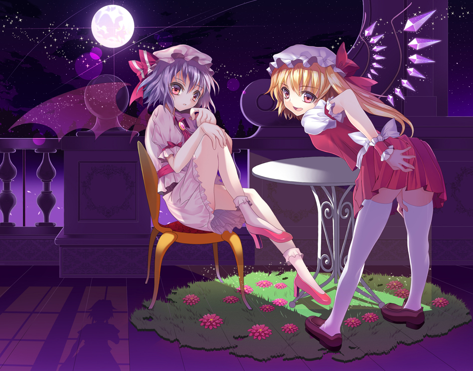 bad_id bad_pixiv_id bat_wings bent_over blonde_hair blue_hair chair flandre_scarlet full_moon hat hat_ribbon izayoi_sakuya leg_up looking_at_viewer moon multiple_girls nayuta_(una) night open_mouth pink_eyes puffy_sleeves remilia_scarlet ribbon shadow shirt short_sleeves siblings sisters sitting skirt skirt_set sky smile table touhou vest wings wrist_cuffs