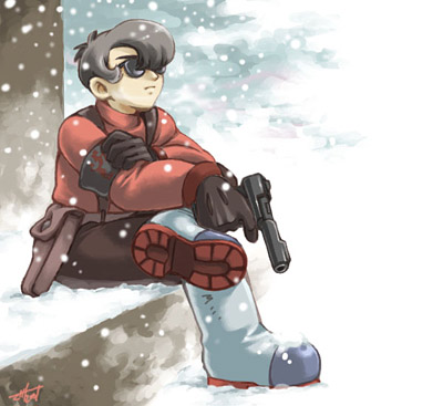 black_hair boots crossed_legs gloves gun handgun holster lowres male_focus masato_(oal) metropolis pistol rock_(metropolis) sitting snow snowing solo sunglasses suspenders weapon