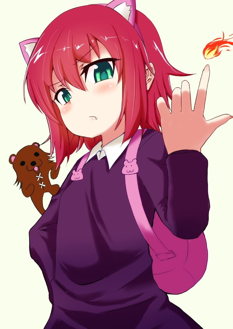animal_ears annie_hastur blush cat_ears fake_animal_ears fang green_eyes kuma league_of_legends looking_at_viewer morochin_(mo_loss_an) red_hair simple_background tibbers white_background