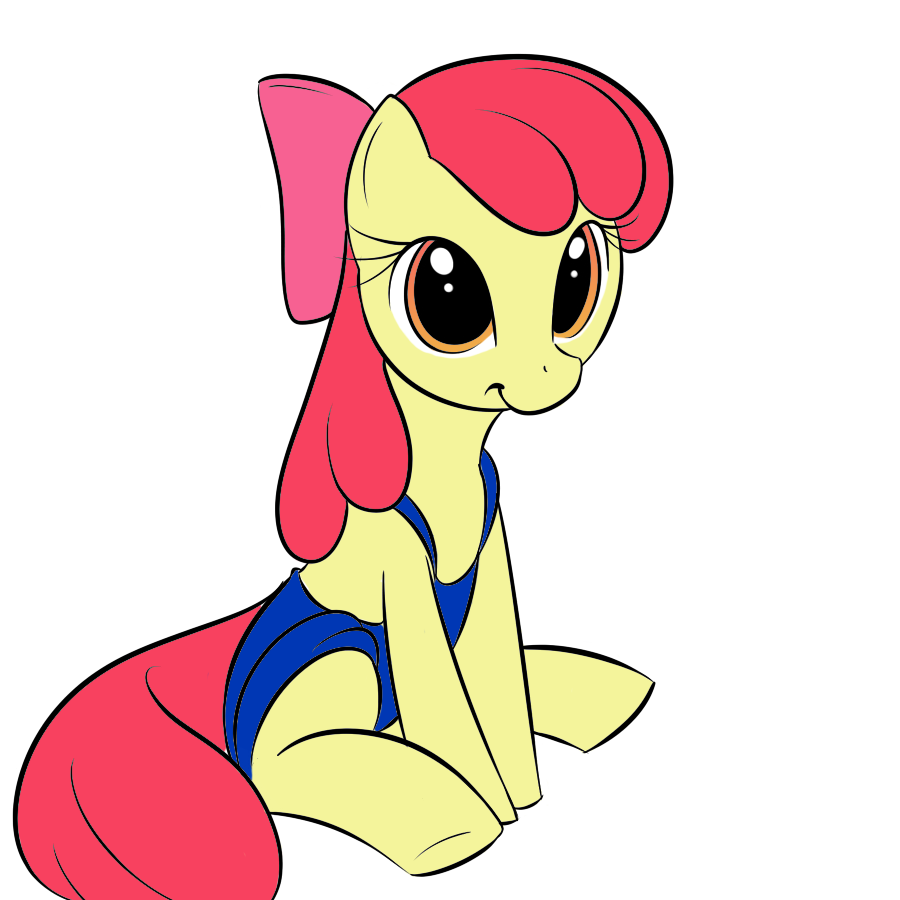 amber_eyes apple_bloom_(mlp) blue_clothing bow clothed clothing cub equine female feral friendship_is_magic fur hair horse kloudmutt looking_at_viewer mammal my_little_pony plain_background pony red_hair sitting smile solo swimsuit transparent_background yellow_fur young
