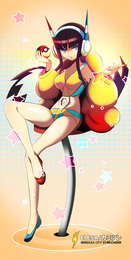 1girl black_hair blue_eyes fur_coat gym_leader headphones kamitsure_(pokemon) nintendo pokemon pokemon_(game) pokemon_bw2 shorts vivivoovoo