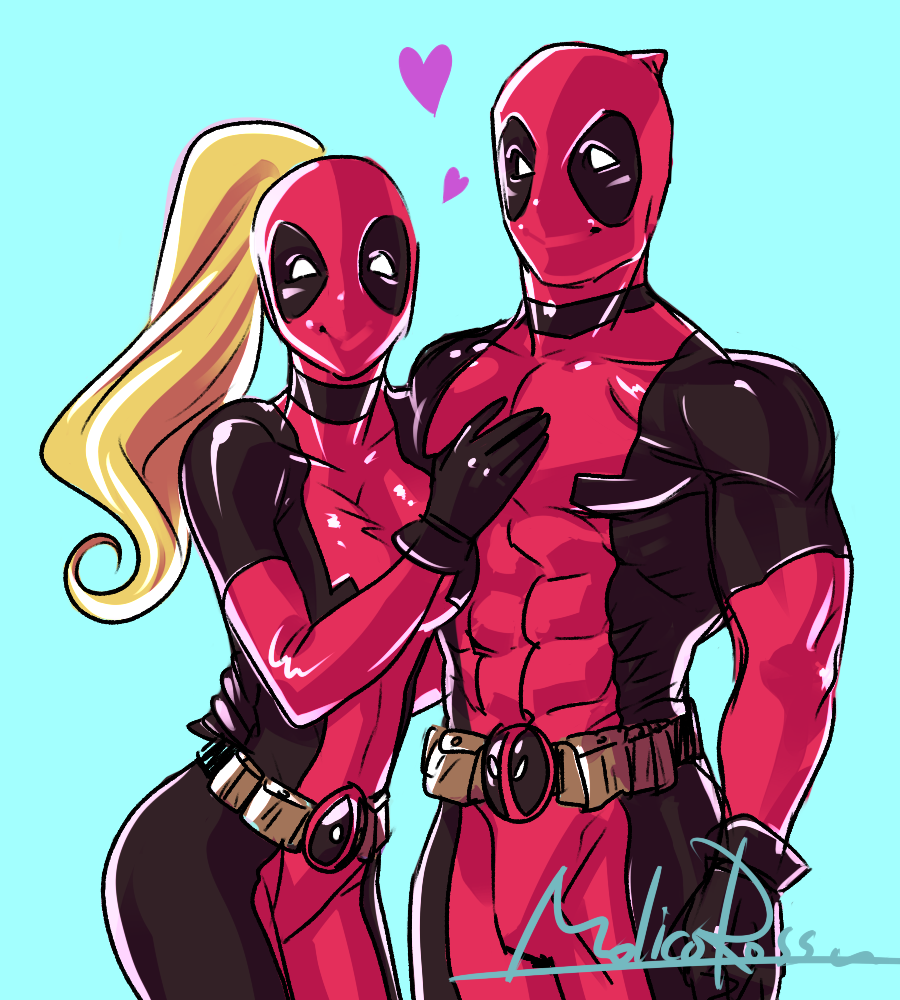 1boy 1girl blonde_hair breasts deadpool dual_persona genderswap gloves heart lady_deadpool marvel mask