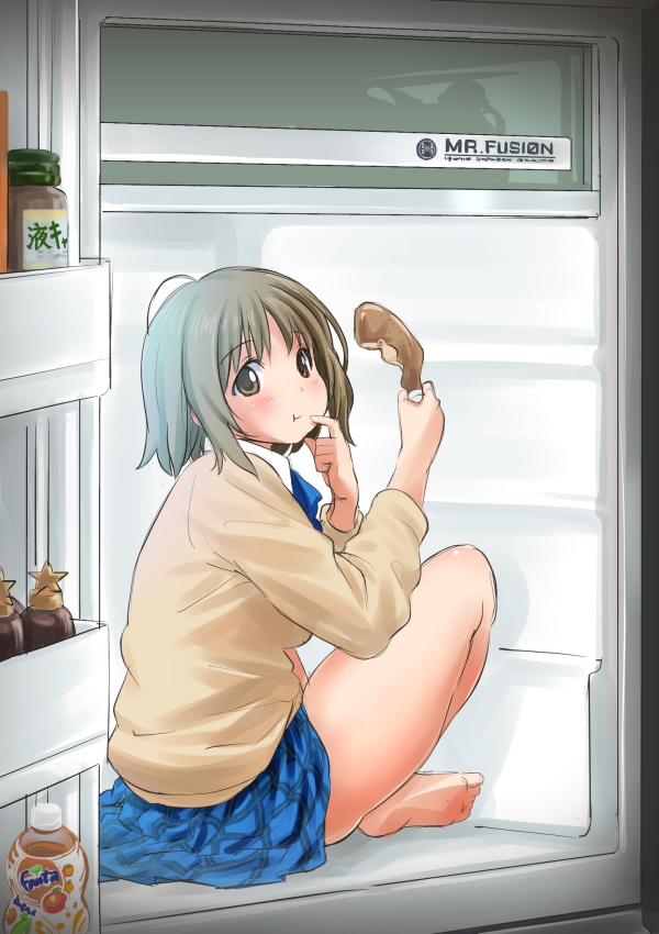 :t back_to_the_future bad_id bad_pixiv_id barefoot blush brown_eyes brown_hair cardigan chicken_(food) chicken_leg eating fanta food idolmaster idolmaster_cinderella_girls in_container in_refrigerator jar legs mimura_kanako poponpin refrigerator school_uniform short_hair sitting skirt solo