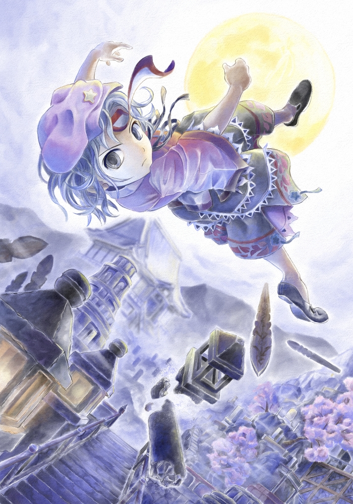 architecture bad_id bad_pixiv_id blouse blue_hair cherry_blossoms dutch_angle east_asian_architecture flying frown full_moon grey_eyes hat looking_at_viewer miyako_yoshika moon mountain nagayo ofuda outstretched_arms ribbon short_hair skirt sky solo stairs star stone_lantern tombstone touhou tree zombie_pose