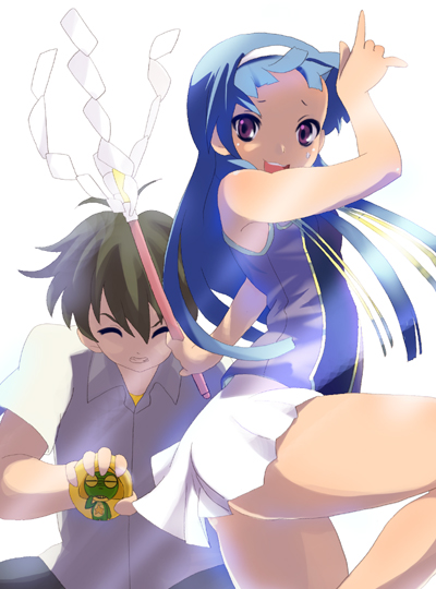 1girl armpits ass bangs blue_hair blunt_bangs cameo flat_chest kannagi keroro keroro_gunsou mikuriya_jin nagi pleated_skirt purple_eyes skirt sora_to_umi wand white_skirt