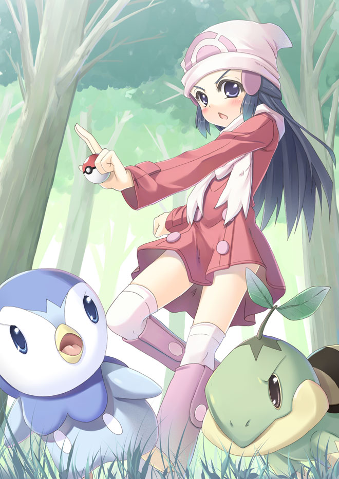 alternate_costume bad_id bad_pixiv_id beanie black_hair blue_eyes boots coat gen_4_pokemon grass hands hat hikari_(pokemon) holding holding_poke_ball long_hair pink_footwear piplup poke_ball pokemon pokemon_(creature) pokemon_(game) pokemon_dppt pokemon_platinum scarf tenkuu_nozora tree turtwig white_scarf winter_clothes