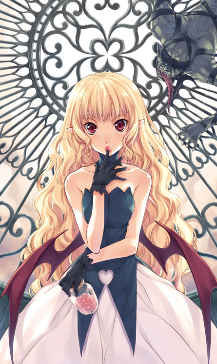 bat_wings blindfold blonde_hair candy choker curly_hair dress fangs food gloves gown jar keg leather long_hair monster muscle original pointy_ears red_eyes solo staring strap tongue wings