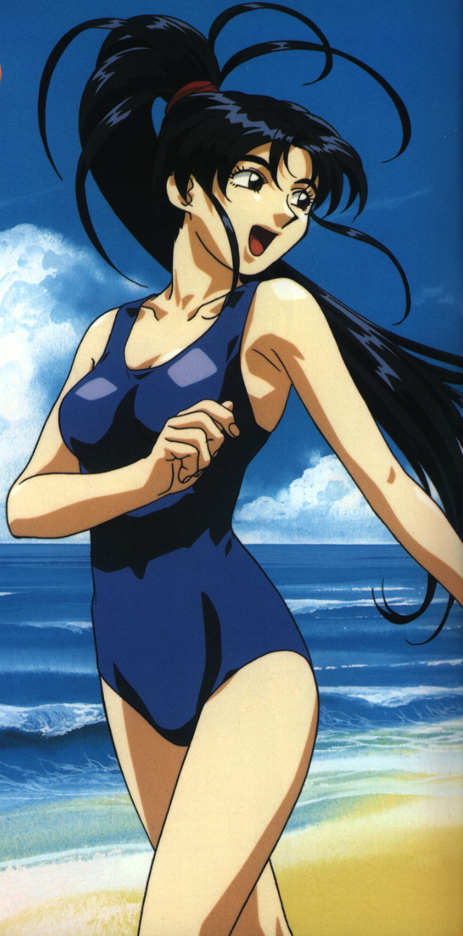 90s artist_request beach black_hair cloud day highres long_hair masaki_achika ocean one-piece_swimsuit outdoors ponytail solo swimsuit tenchi_muyou! tenchi_muyou!_in_love