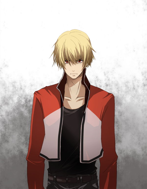 blonde_hair closed_mouth collarbone expressionless fatal_fury jacket kosumo long_sleeves looking_at_viewer male_focus mark_of_the_wolves open_clothes open_jacket red_eyes rock_howard shaded_face shirt snk solo t-shirt uniform