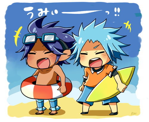 2boys fang goggles gym_leader lowres male male_focus multiple_boys pokemon shizui_(pokemon) surfboard touki_(pokemon)