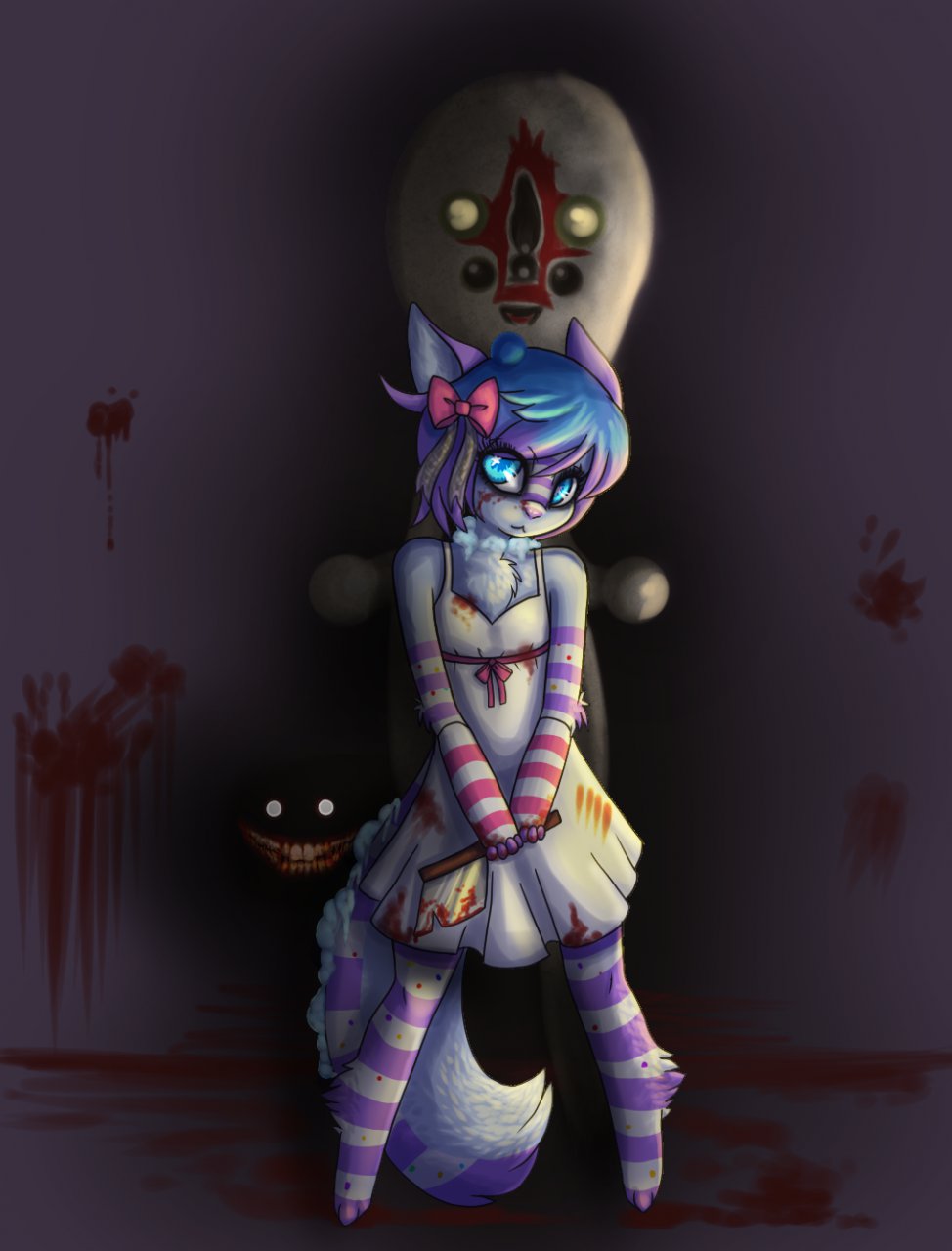 blood blue_eyes blueberry_(character) chest_tuft cleaver cosplay countershade_tail cyan_eyes fluffy_tail fur hair hair_bow hair_ribbon lobsel-vith looking_at_viewer multi-colored_hair nightmare_fuel pink_nose purple_markings ribbons ringed_tail scp-076 scp-087b scp-173 scp_foundation stripes tuft white_countershading white_dress