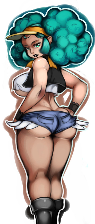 adapted_costume afro aloe_(pokemon) ass back big_hair black_lipstick boots breasts cosplay crop_top dark_skin denim denim_shorts elazuls-core from_behind green_eyes green_hair gym_leader hands_on_hips large_breasts lipstick looking_back makeup no_bra pokemon pokemon_(game) pokemon_bw shorts solo touko_(pokemon) touko_(pokemon)_(cosplay) underboob very_dark_skin visor_cap wristband