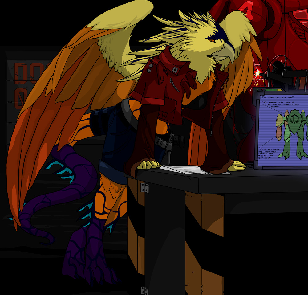 beak bleuhawke breasts clothing desk feathers female futuristic gryphon solo source_request wings