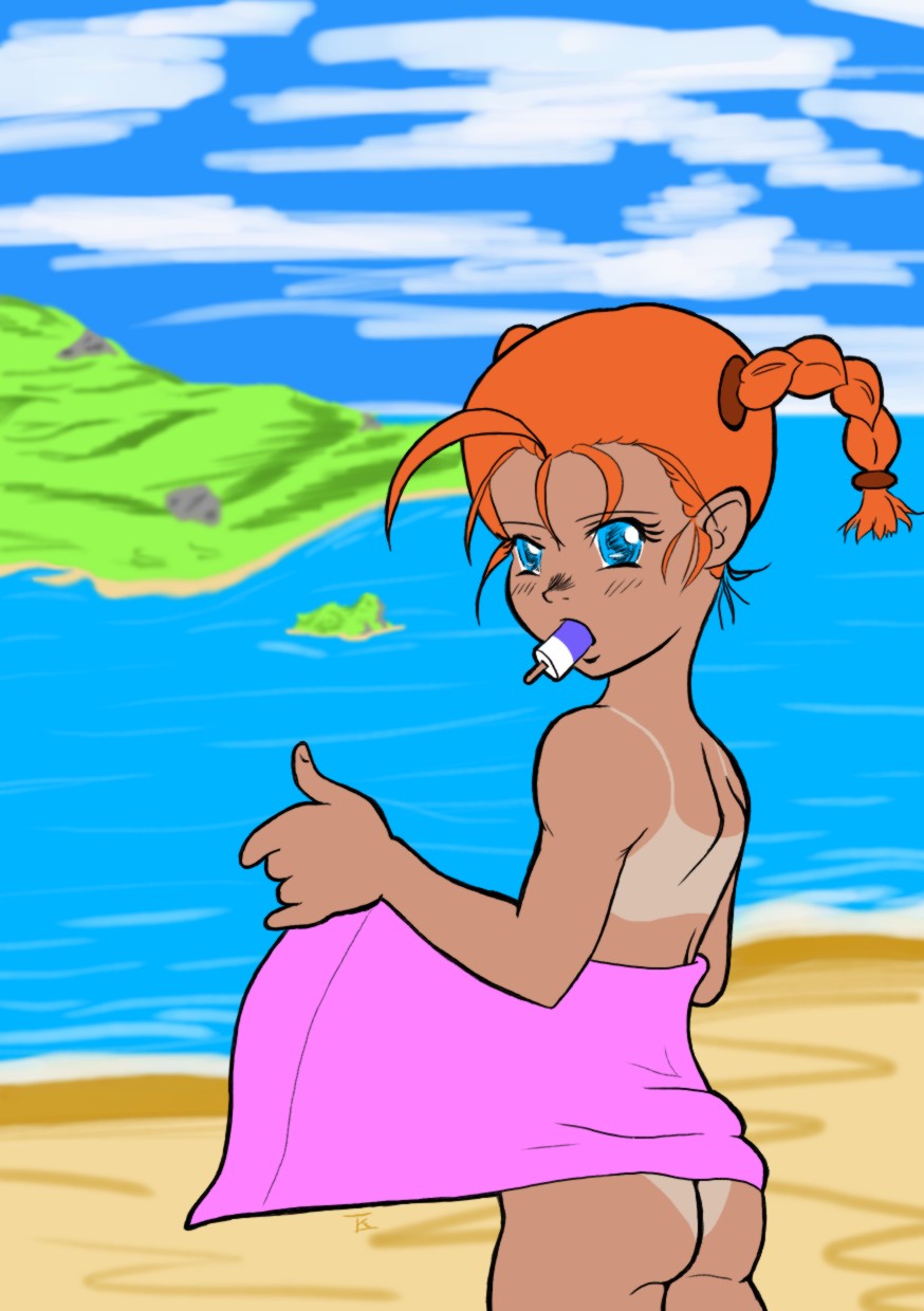 beach blue_eyes female hair ice_pop nude orange_hair pigtails seaside tan tan_line towel young