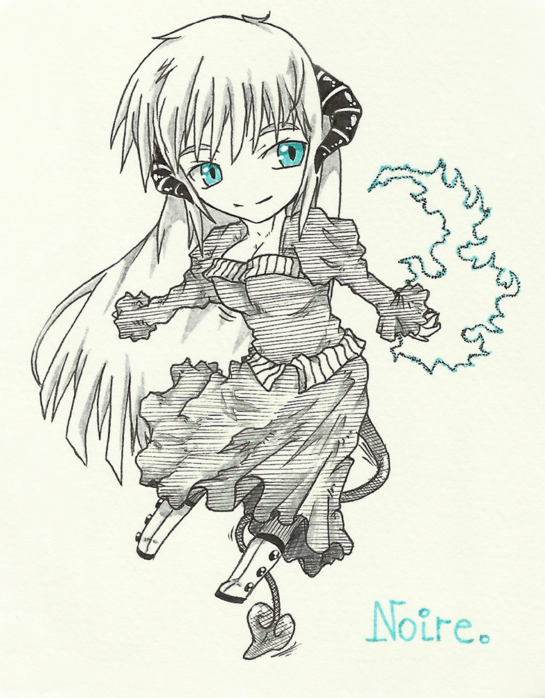 blue_eyes chibi horns long_hair magic mirage_noir monochrome noire noire_(mirage_noir) succubuss white_hair