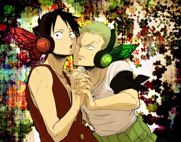 2boys bandanna black_hair butterfly_wings crossbones duo earrings green_hair hand_holding haramaki head_wings headphones jewelry jolly_roger magnet_(vocaloid) male male_focus monkey_d_luffy multiple_boys one_piece parody pirate red_vest roronoa_zoro scar shirt t-shirt vest white_shirt wings