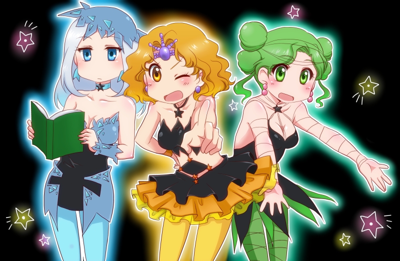 bare_shoulders bishoujo_senshi_sailor_moon black_background blue_choker blue_eyes blue_legwear book breasts choker cleavage double_bun green_eyes green_hair green_legwear hat hyadain_no_kakakata_kataomoi_-_c kiraki medium_breasts mimete_(sailor_moon) multiple_girls nichijou one_eye_closed orange_eyes orange_hair pantyhose parody short_hair skirt smile star tellu_(sailor_moon) viluy_(sailor_moon) white_hair witches_5 yellow_legwear