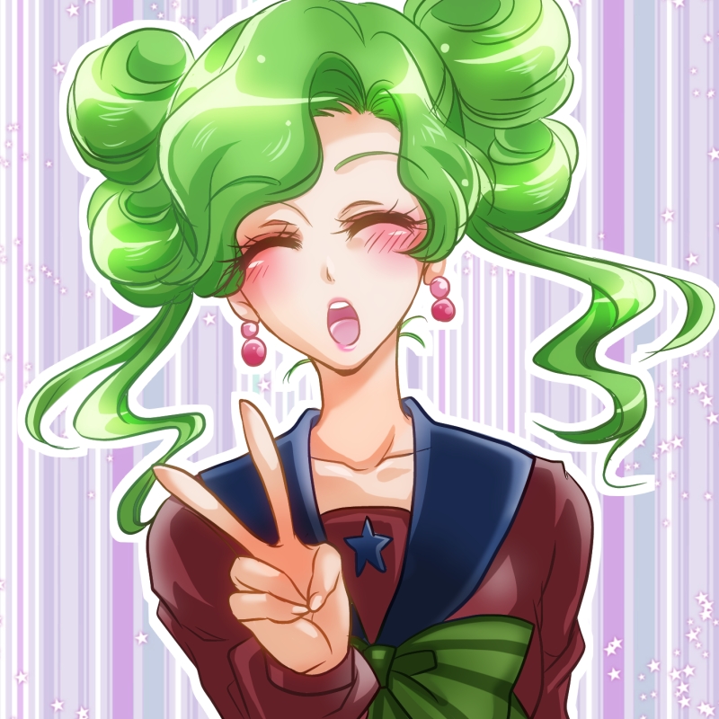 bishoujo_senshi_sailor_moon blush bow closed_eyes earrings green_hair jewelry kiraki mugen_gakuen_school_uniform purple_background ribbon school_uniform serafuku short_hair smile solo star starry_background striped striped_background tellu_(sailor_moon) twintails v vertical-striped_background vertical_stripes witches_5