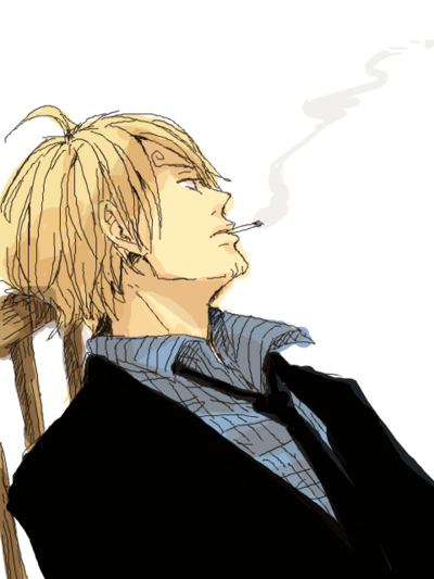 1boy black_suit blonde_hair blue_shirt chair formal looking_away male male_focus necktie one_piece sanji shirt sitting slouch smoking solo suit