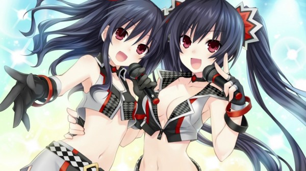 2girls black_hair choujigen_game_neptune compile_heart idea_factory microphone multiple_girls neptune_(series) noire pop_idol red_eyes siblings sisters uni_(choujigen_game_neptune)