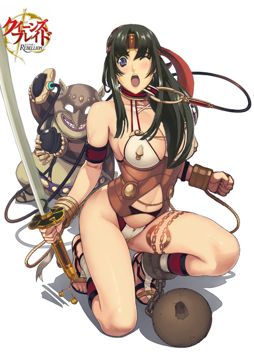 branwen breasts brown_hair chains cleavage collar defeated goblin legs long_hair oda_non photomanip photoshop queen's_blade queen's_blade_rebellion queen's_blade_vanquished_queens slave sword tomoe weapon