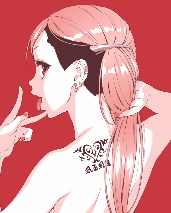 aida_takanobu back bad_id bad_pixiv_id character_name earrings from_behind fujimoto_rina hair_ornament hairclip holding holding_hair idolmaster idolmaster_cinderella_girls jewelry long_hair looking_back muted_color nail_polish nape red solo tattoo tongue tongue_out v