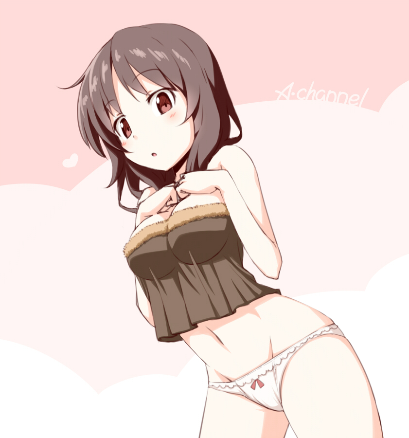 :o a_channel bare_shoulders blush bow bow_panties breasts brown_hair chomo_(asymmate) cleavage fur_trim heart large_breasts long_hair looking_at_viewer navel nishi_keiko panties red_eyes solo underwear white_panties