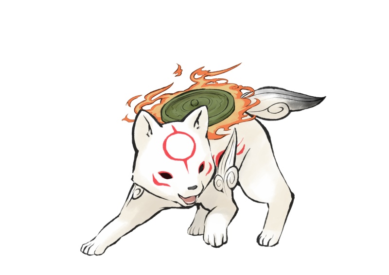 chibi chibiterasu dog fire flame no_humans official_art onimusha_soul ookami_(game) ookamiden puppy reflector_(ookami) solo weapon wolf