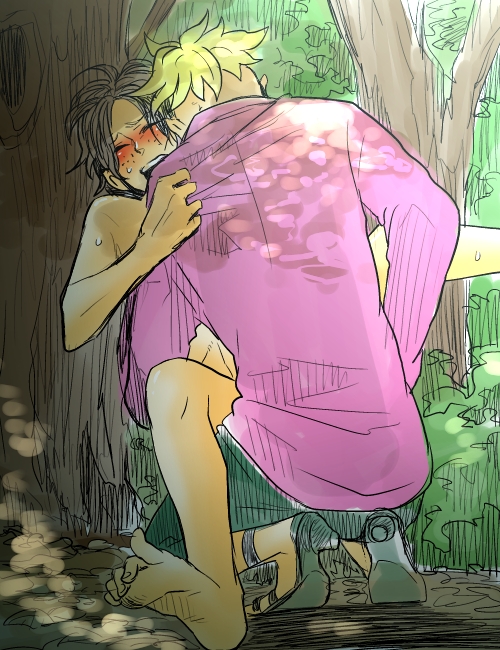 2boys anal blonde_hair blush clothed_on_nude collared_shirt duo freckles male male_focus marco multiple_boys one_piece outdoors portgas_d_ace purple_shirt sex shirt tree yaoi